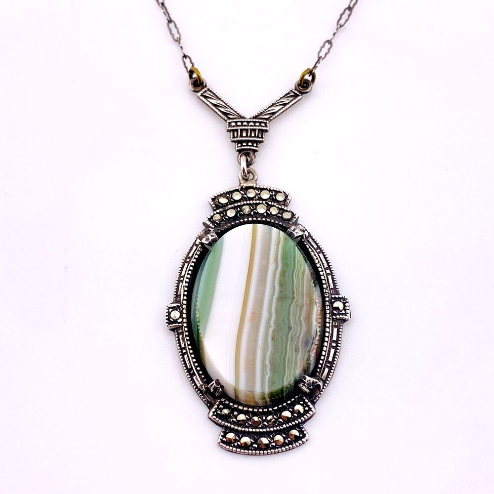 Art Deco Sterling Silver Natural Green Banded Agate Marcasite Y Necklace 16"